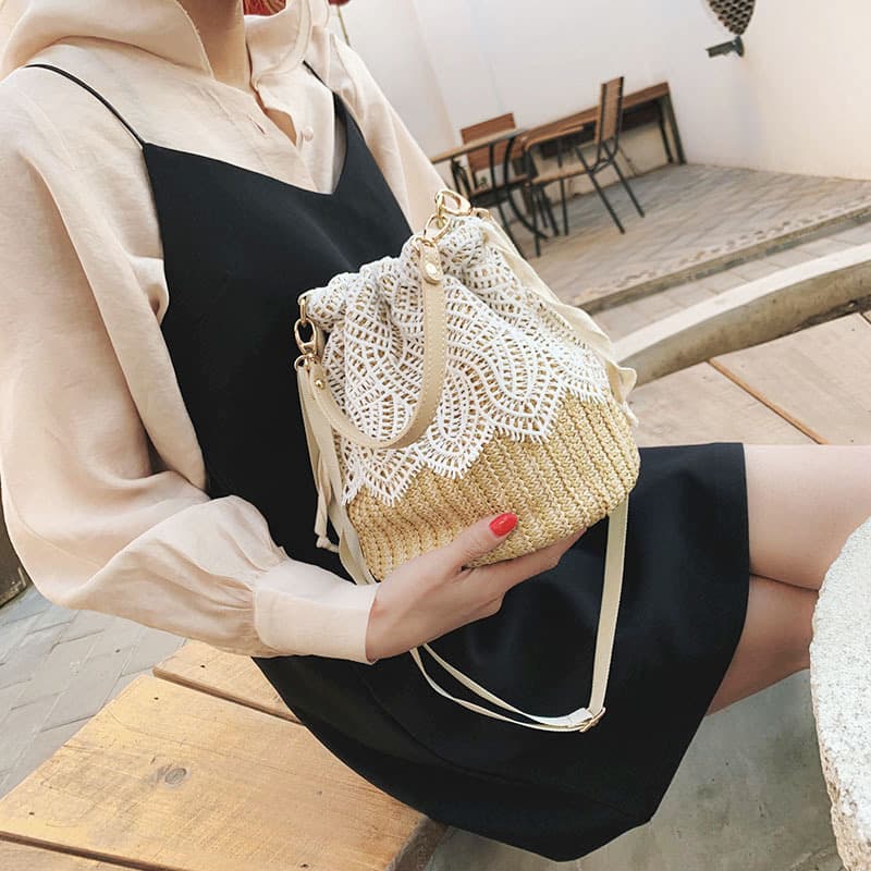 巾着 花柄刺繍編み込み巾着ショルダー鞄