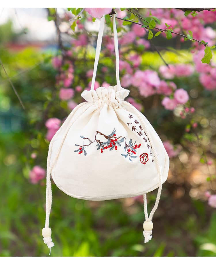 巾着 古風刺繍花鳥図柄巾着ポーチ