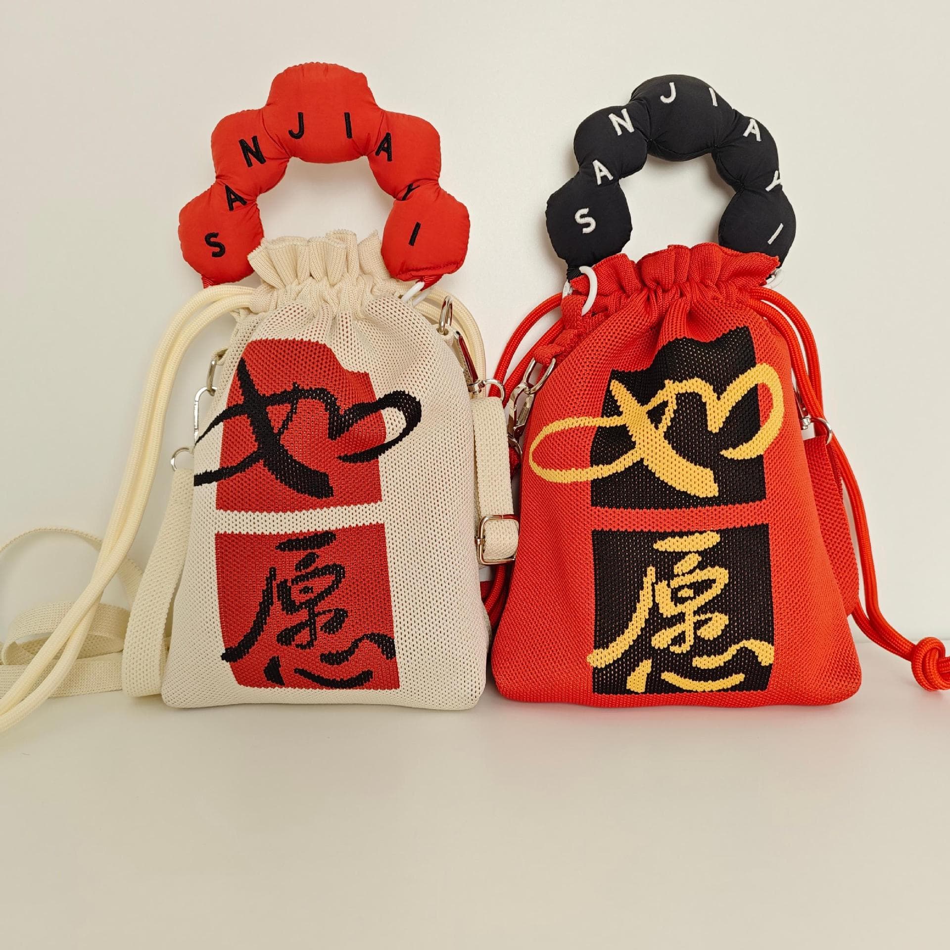 巾着 漢字刺繍デザイン持ち手付き巾着ポーチ