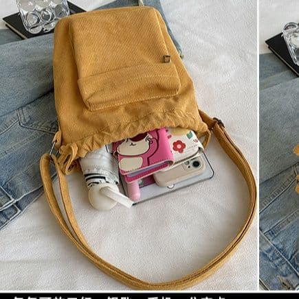 巾着 コーデュロイ風前ポケット付き巾着型ショルダーかばん
