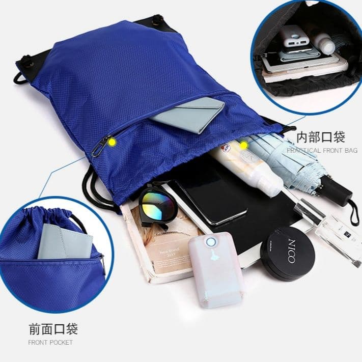 巾着 軽量ナイロン素材ジッパーポケット付き巾着リュック