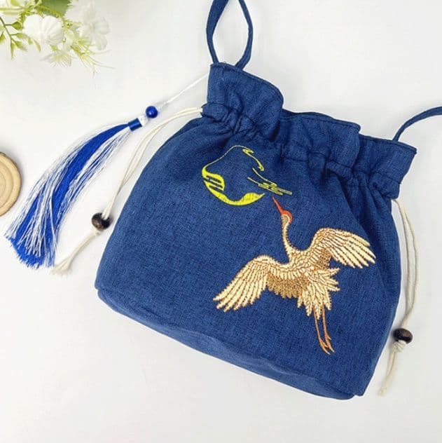 巾着 花鳥刺繍タッセル付き巾着ショルダーバッグ