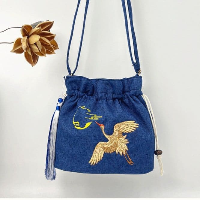 巾着 花鳥刺繍タッセル付き巾着ショルダーバッグ