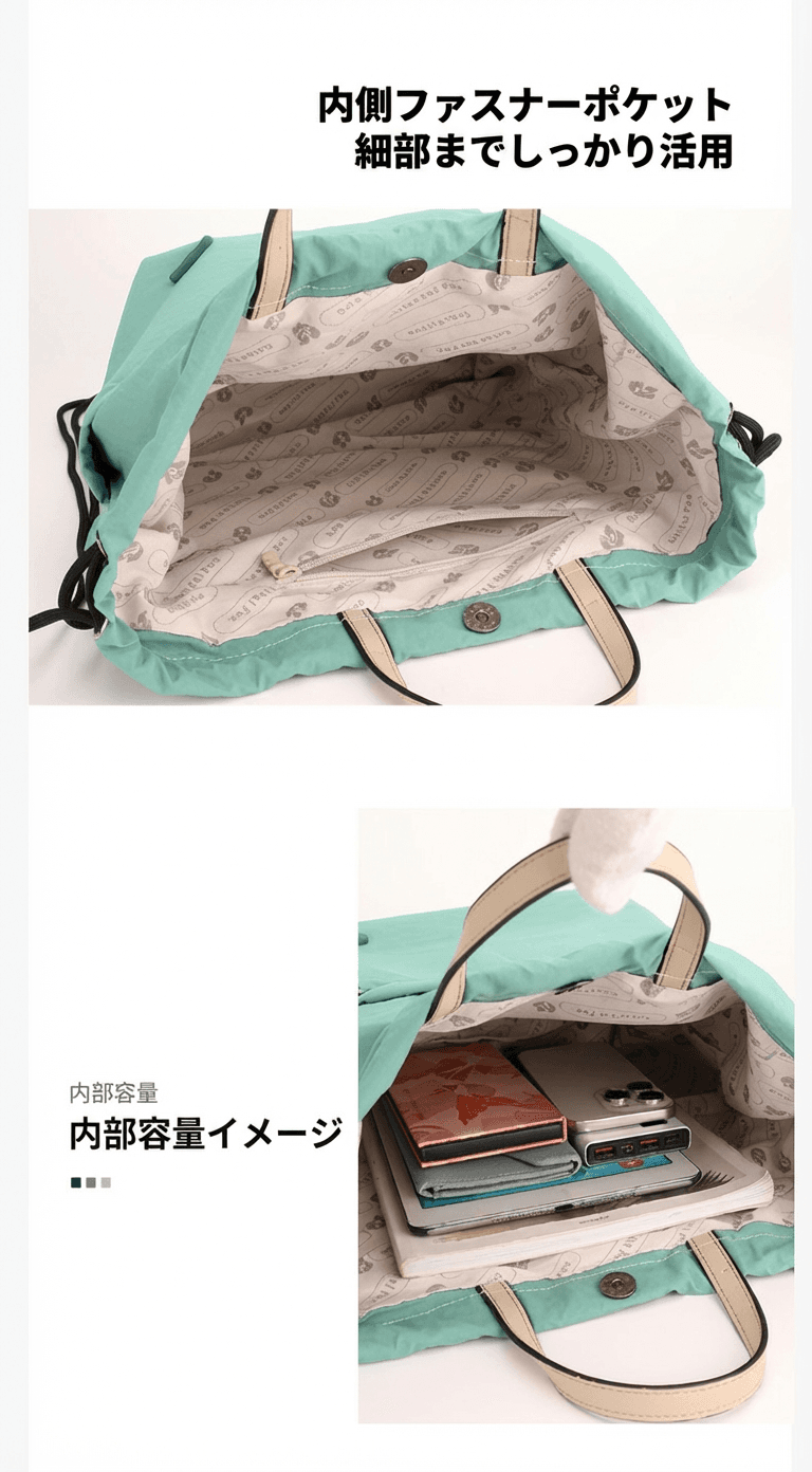軽量ナイロン製巾着リュック大容量外ポケット付き