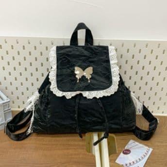 巾着 蝶々モチーフレース付き巾着リュック