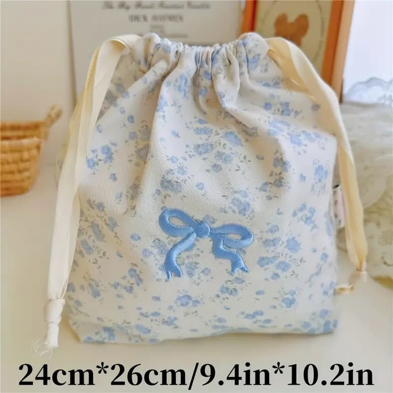 巾着 小花柄とリボン刺繍の巾着ポーチ
