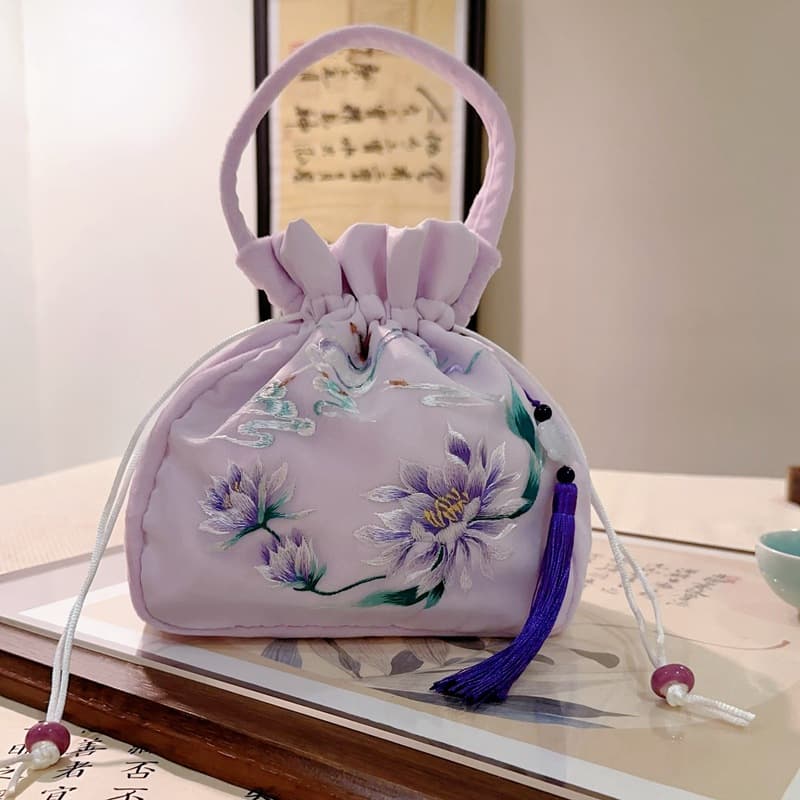 巾着 花鳥刺繍タッセル付き和風巾着ポーチ