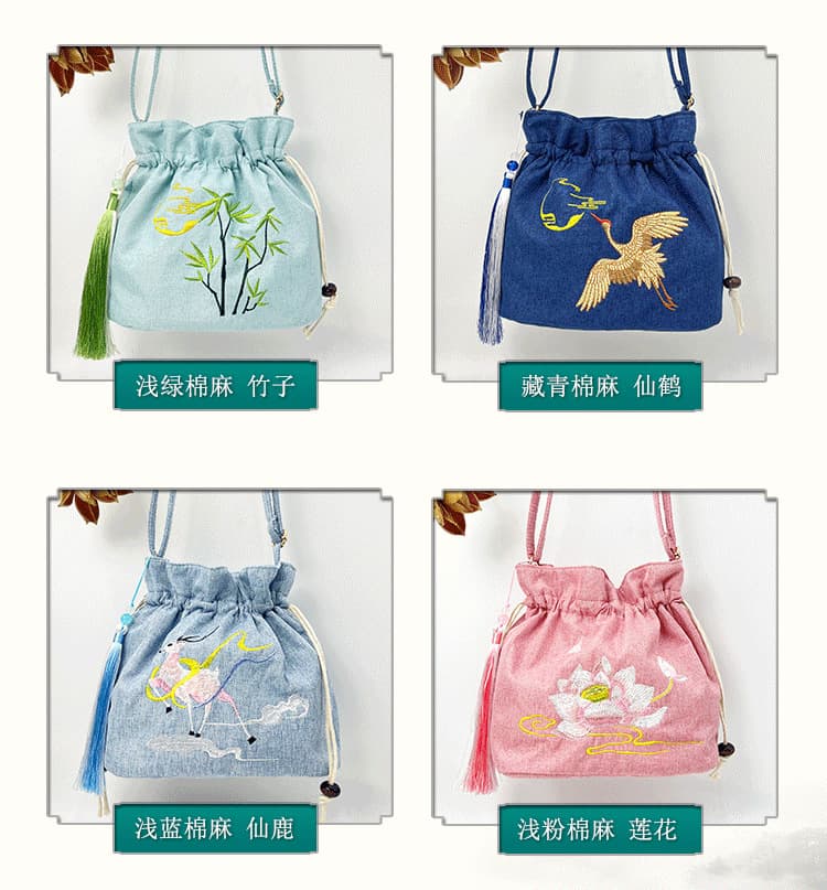 巾着 花鳥刺繍タッセル付き巾着ショルダーバッグ
