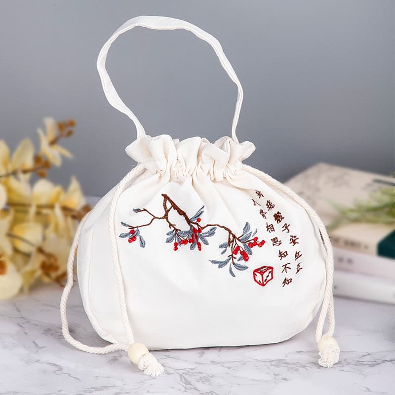 巾着 古風刺繍花鳥図柄巾着ポーチ