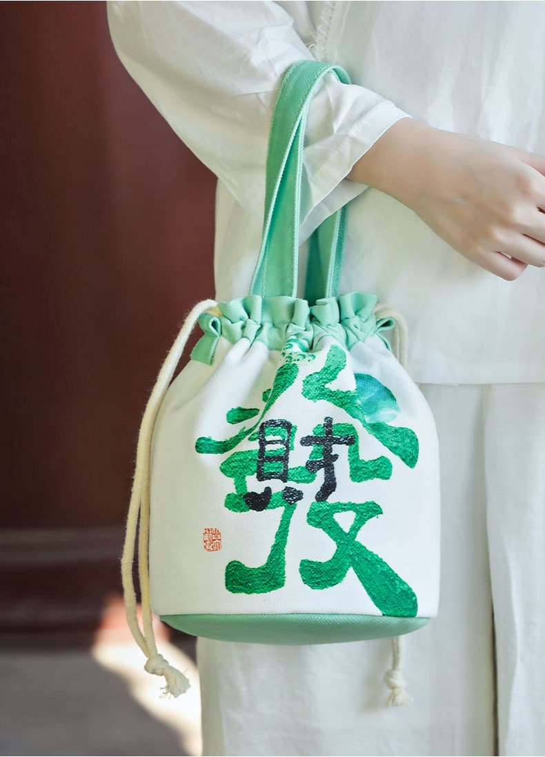 漢字刺繍入り巾着トートバッグ