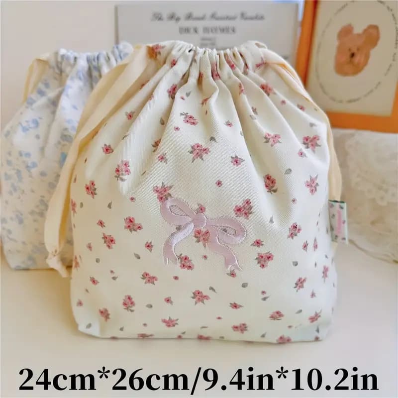 巾着 小花柄とリボン刺繍の巾着ポーチ