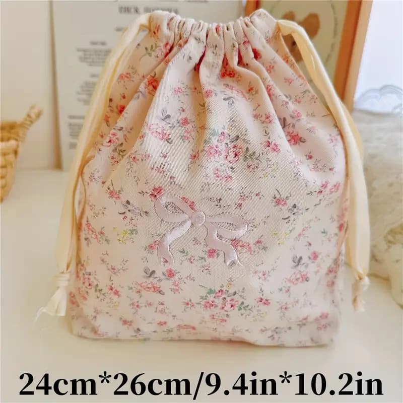 巾着 小花柄とリボン刺繍の巾着ポーチ