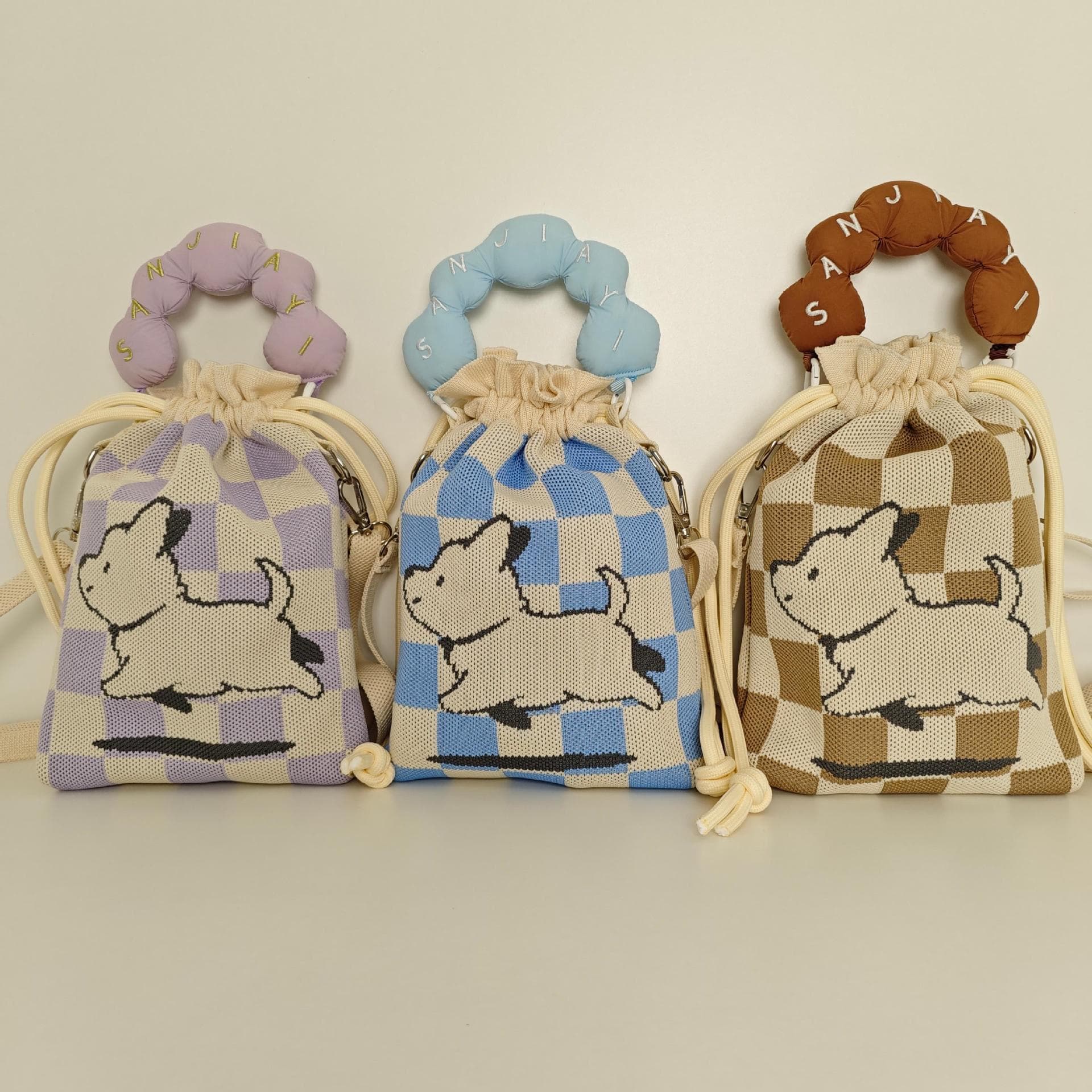 巾着 漢字刺繍デザイン持ち手付き巾着ポーチ