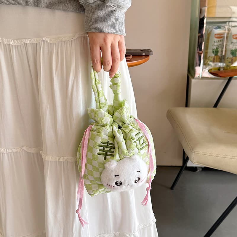 巾着 幸運招き猫笑顔刺繍入り巾着ポーチ