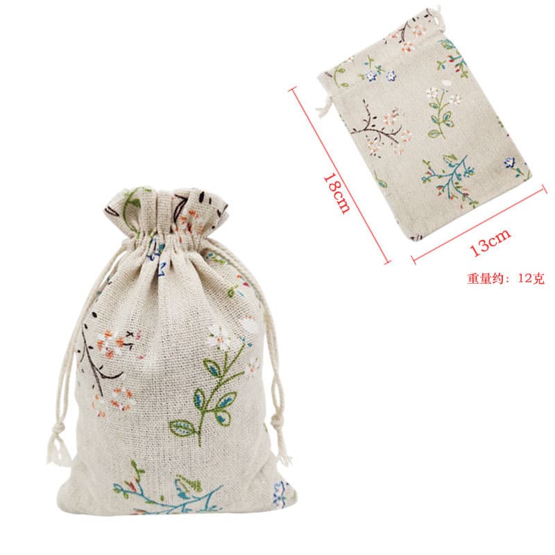 巾着 花と蝶の刺繍入りナチュラルリネン巾着ポーチ