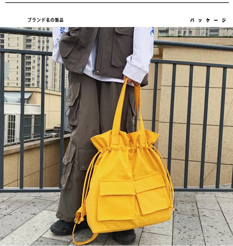 巾着 多機能ポケット付き巾着トートバッグ