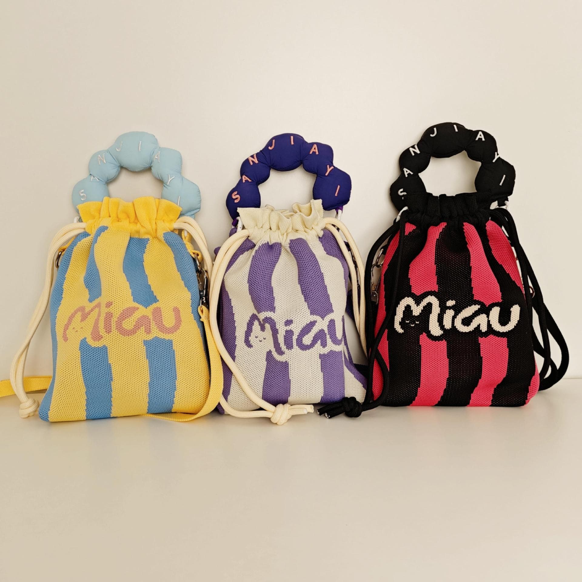 巾着 漢字刺繍デザイン持ち手付き巾着ポーチ