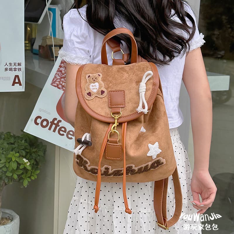 巾着 可愛い小熊刺繍入り巾着型リュックサック