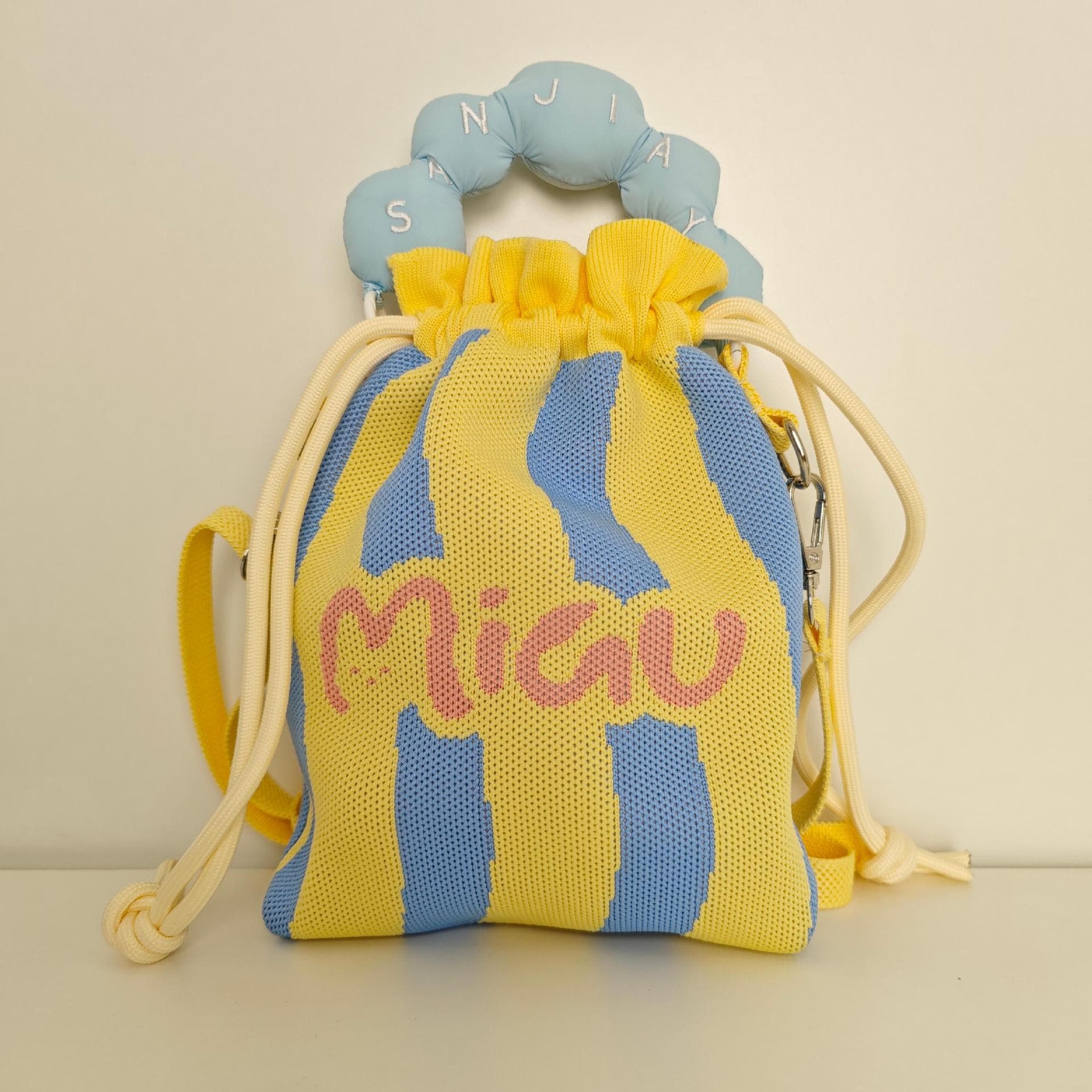 巾着 漢字刺繍デザイン持ち手付き巾着ポーチ
