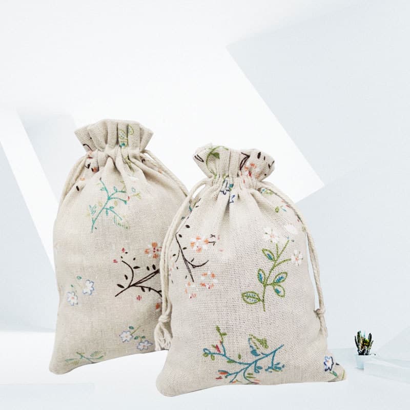 巾着 花と蝶の刺繍入りナチュラルリネン巾着ポーチ