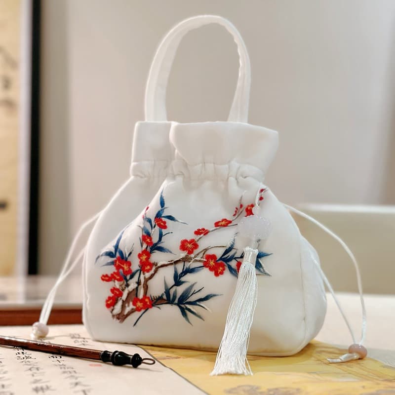 巾着 花鳥刺繍タッセル付き和風巾着ポーチ