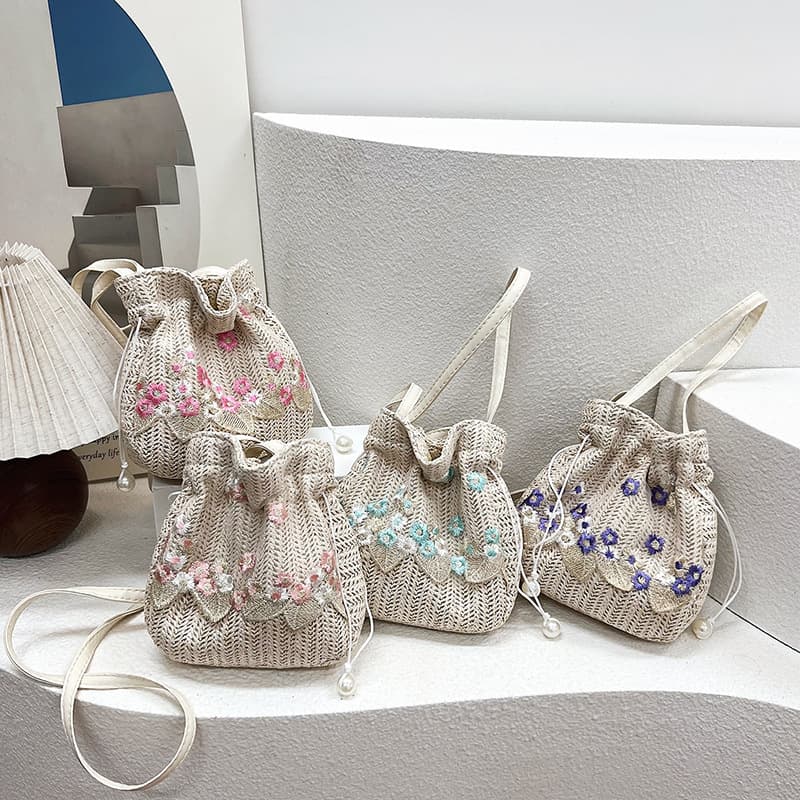 巾着 花刺繍ヘリンボーン編み巾着ショルダーバッグ