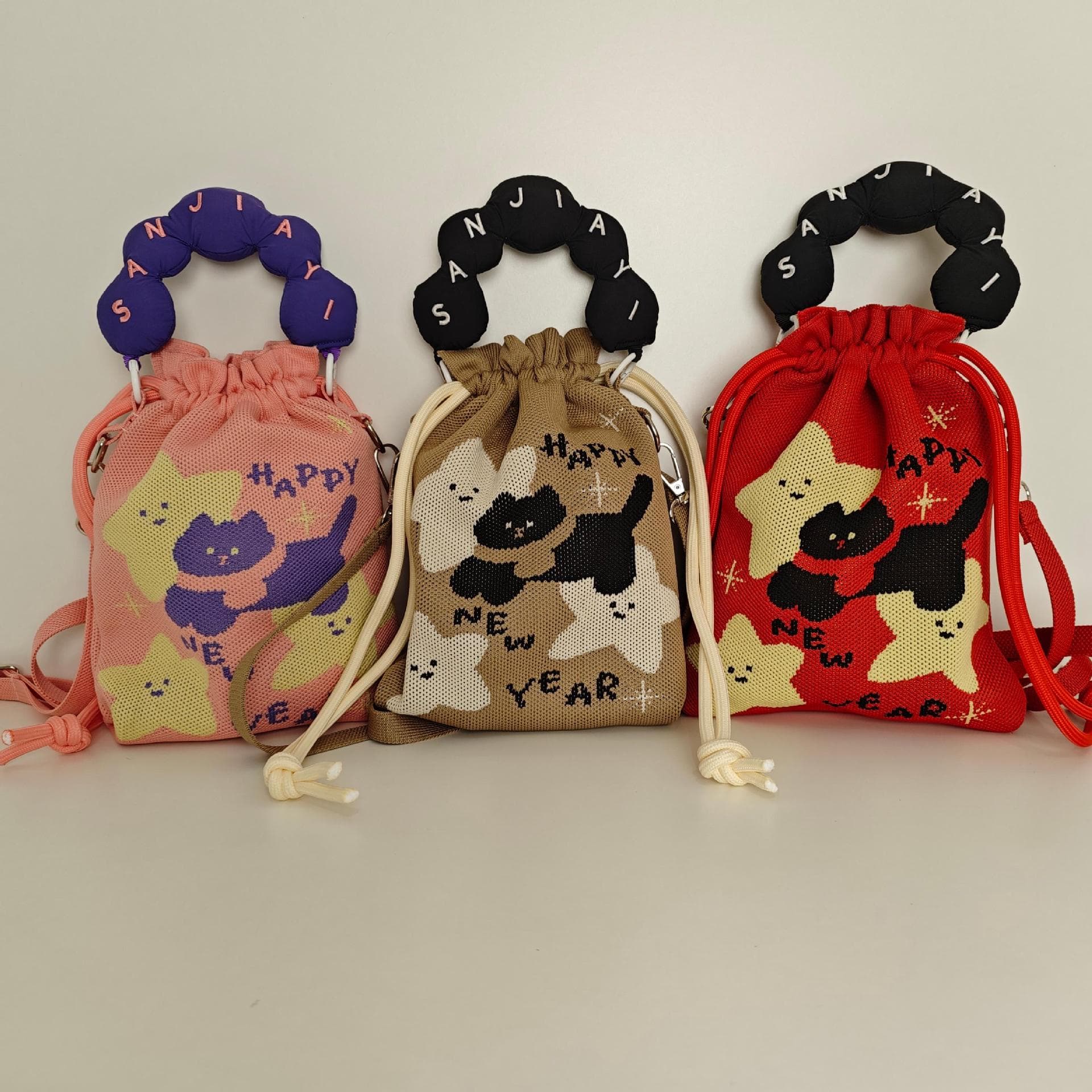 巾着 漢字刺繍デザイン持ち手付き巾着ポーチ
