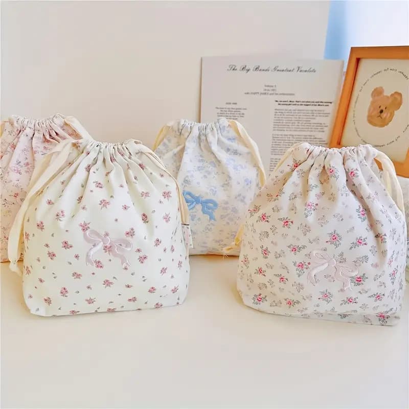 巾着 小花柄とリボン刺繍の巾着ポーチ