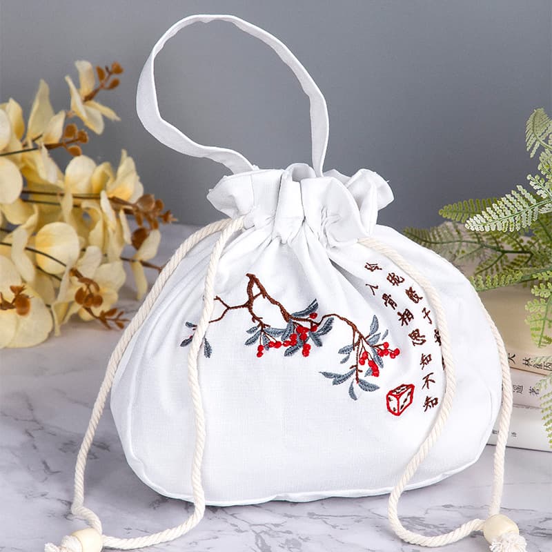 巾着 古風刺繍花鳥図柄巾着ポーチ