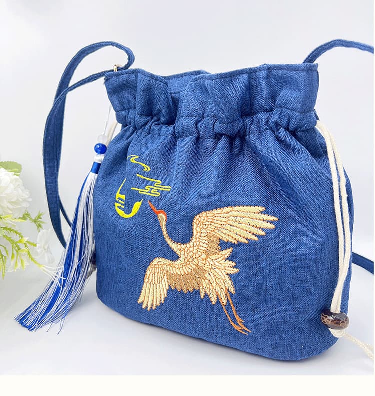 巾着 花鳥刺繍タッセル付き巾着ショルダーバッグ