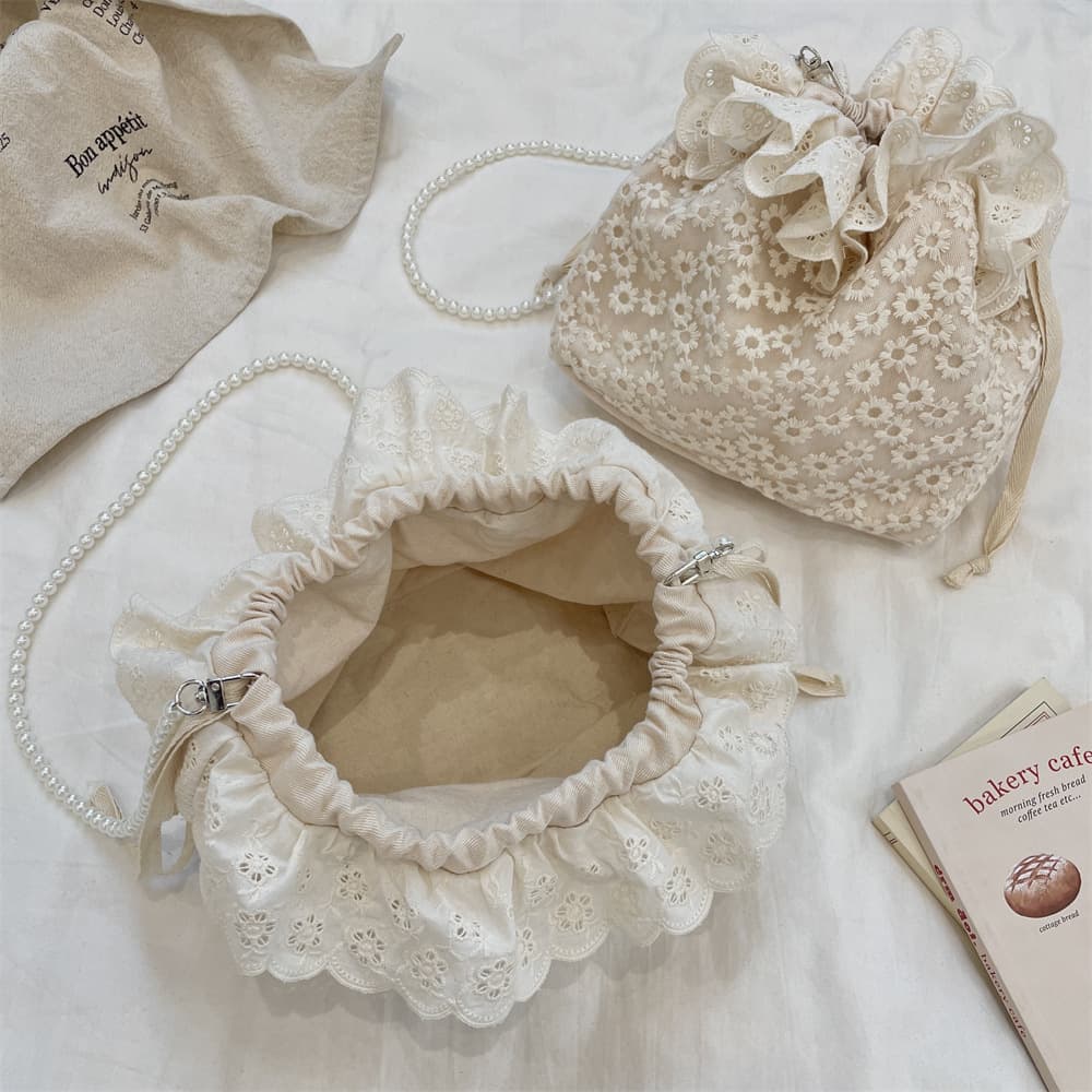 巾着 花柄刺繍レースフリル巾着ポーチ