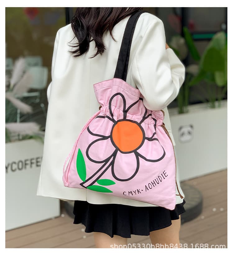 巾着 大きな花柄プリント巾着トートバッグ