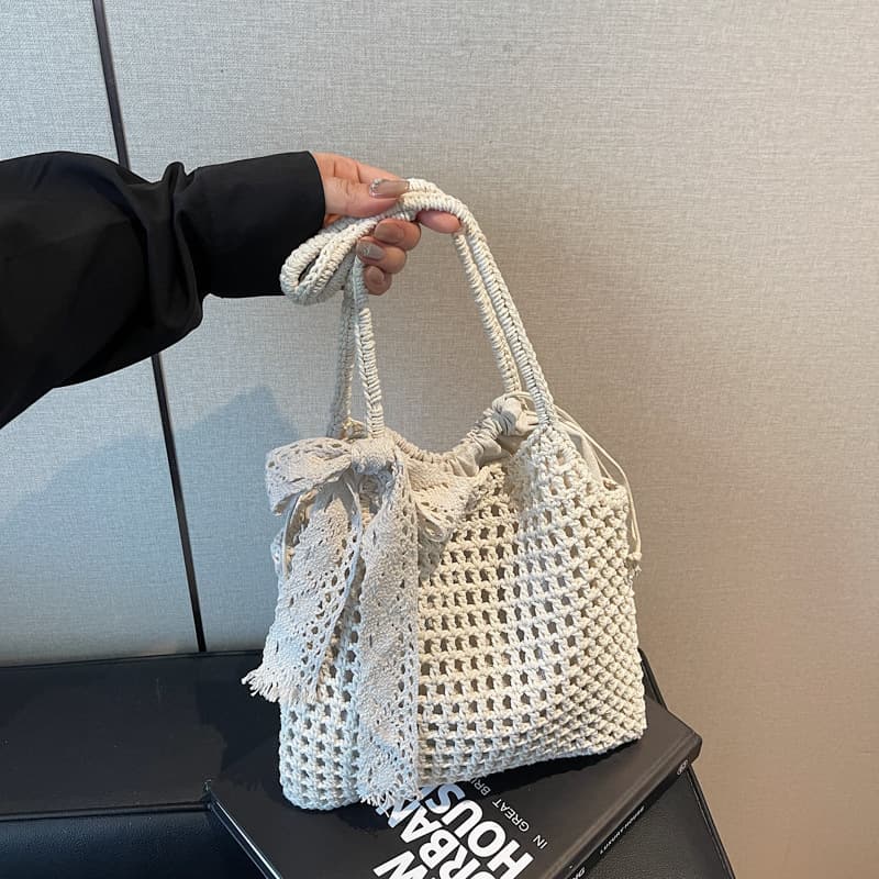 巾着 レース飾り編み目巾着トート