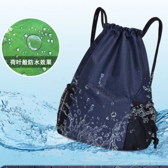 巾着 軽量撥水素材メッシュポケット付き巾着型リュックサック
