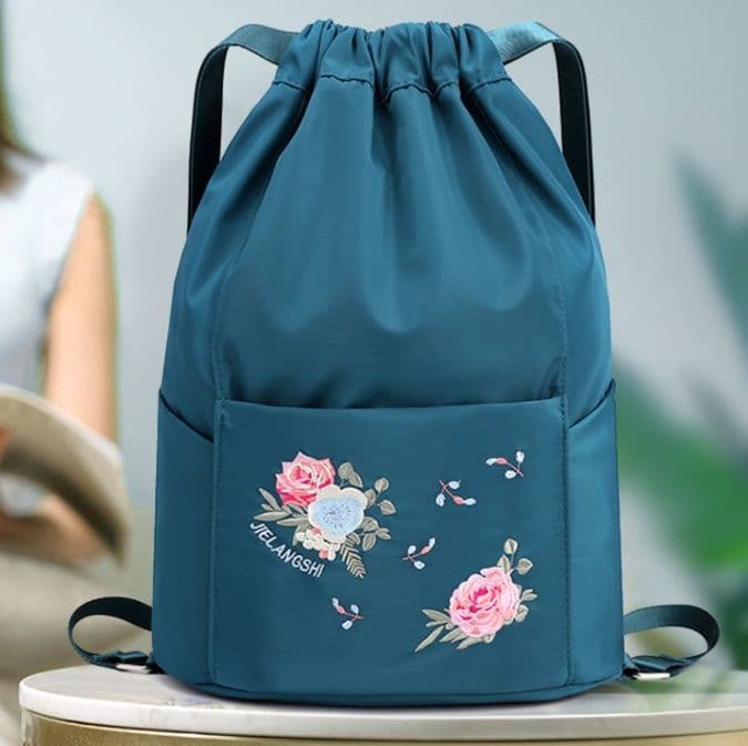 巾着 花柄刺繍入り巾着型リュックサック