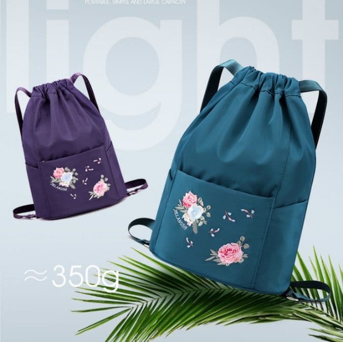 巾着 花柄刺繍入り巾着型リュックサック
