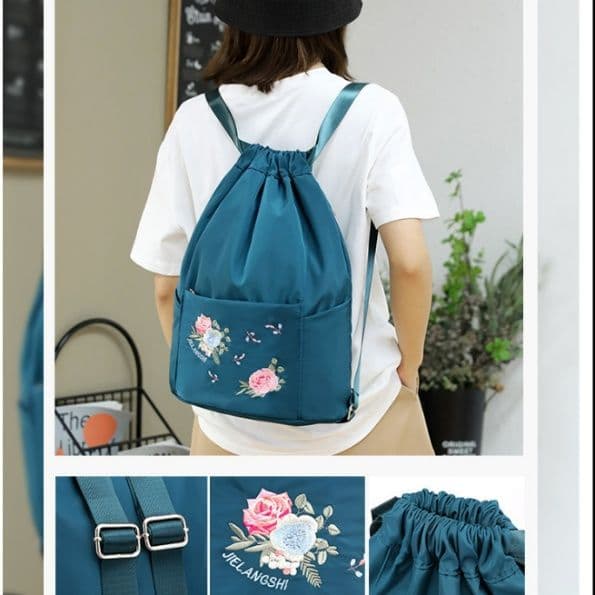 巾着 花柄刺繍入り巾着型リュックサック