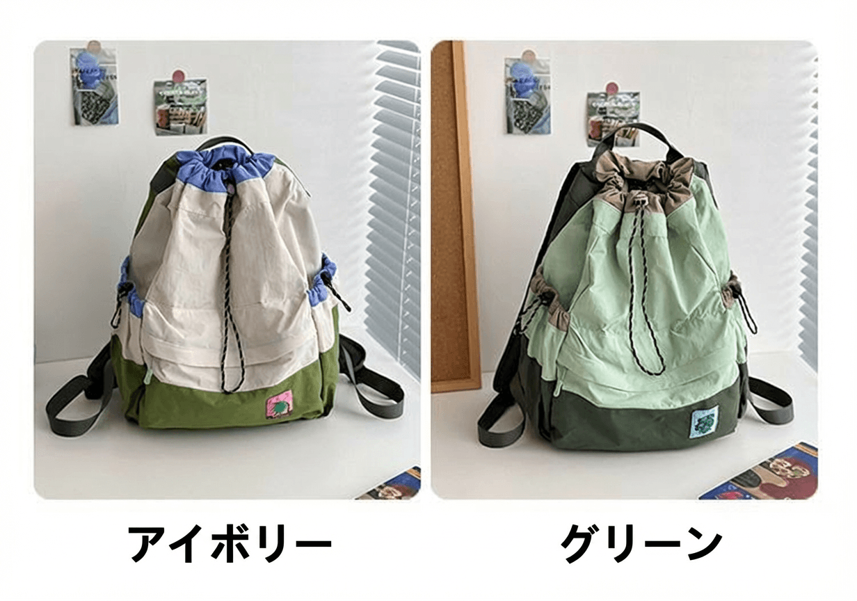 巾着 くまチャーム付き配色切替巾着リュック