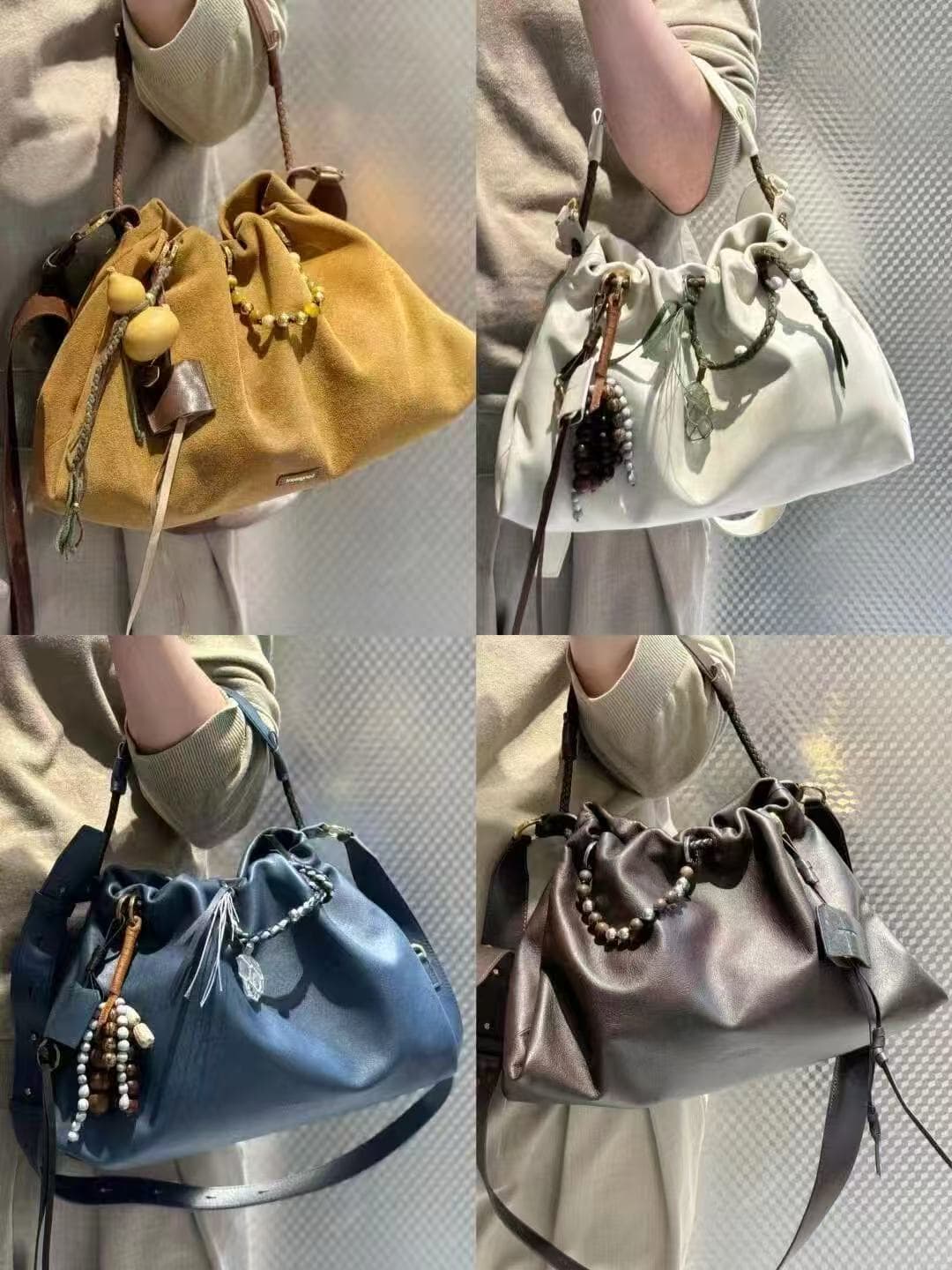 巾着 編み込み紐と金具がアクセントの巾着ショルダー