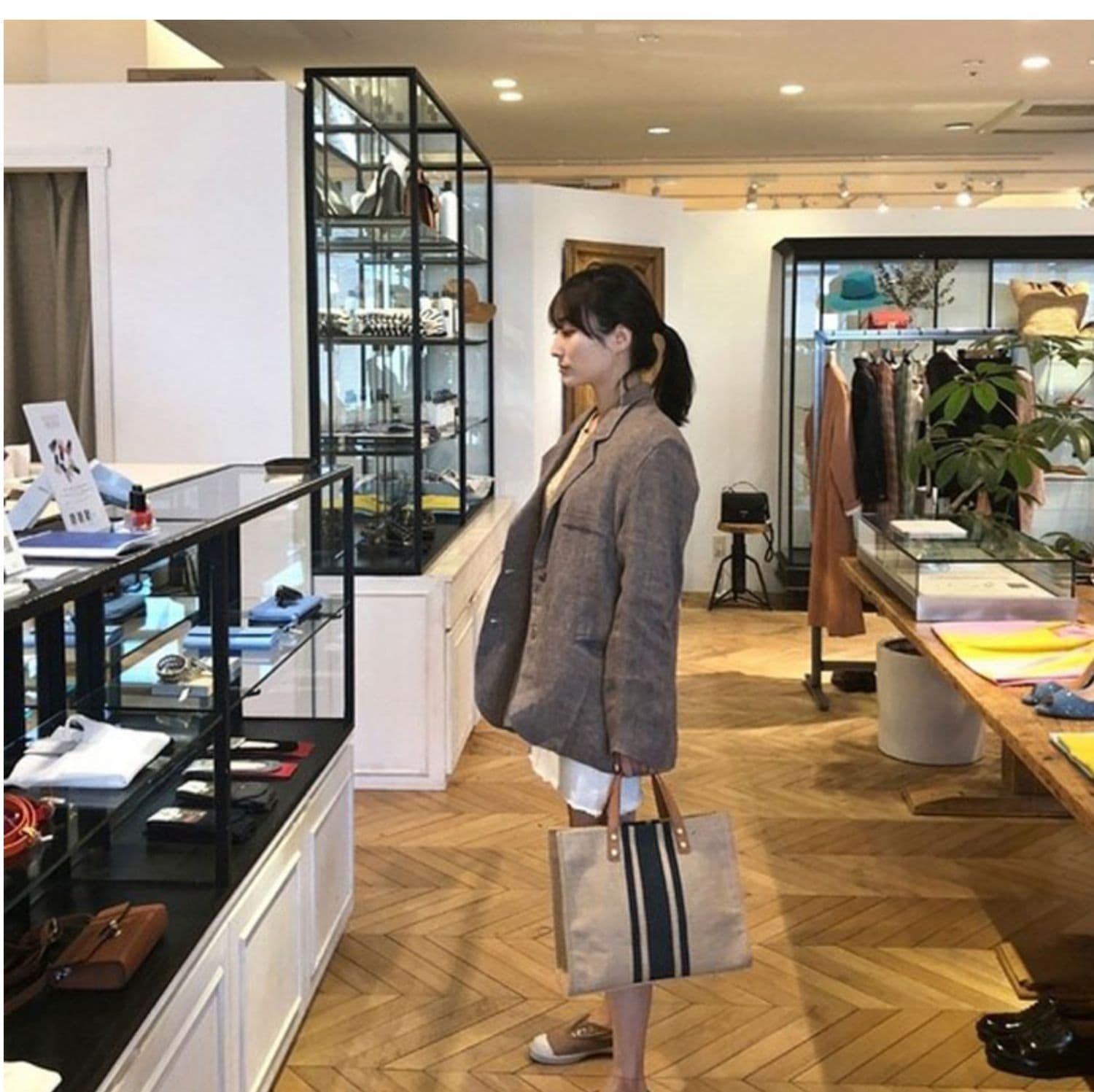 巾着 ストライプ柄天然素材編み込み巾着トートバッグ