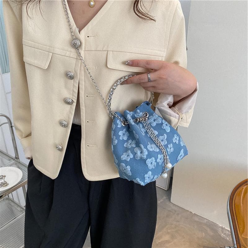 巾着 花柄刺繍チェーンストラップ巾着型鞄