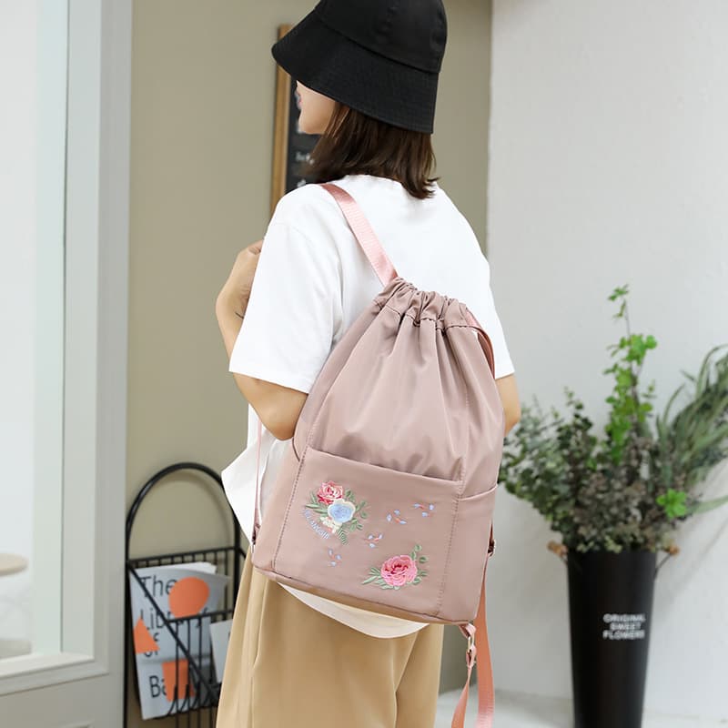 巾着 花柄刺繍入り巾着型リュックサック