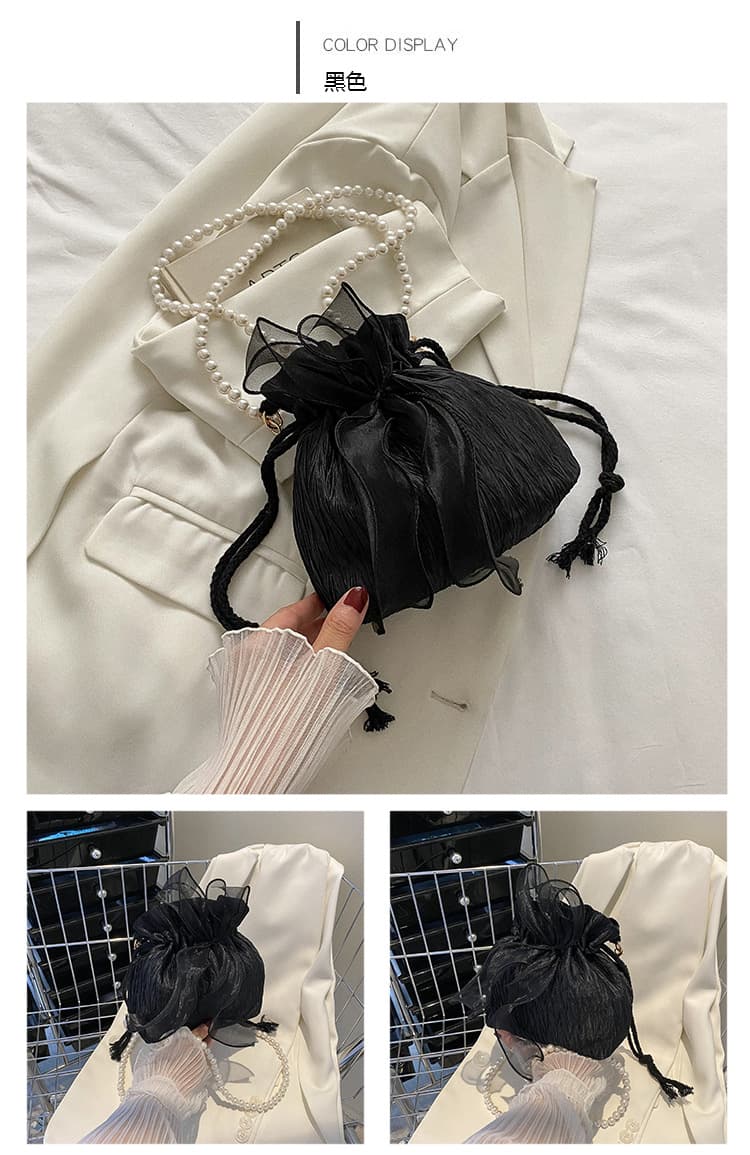 巾着 パール装飾付きプリーツ巾着ショルダーバッグ