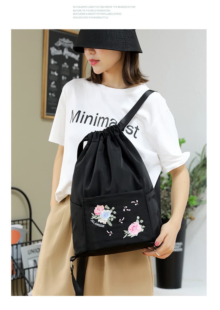 巾着 花柄刺繍入り巾着型リュックサック