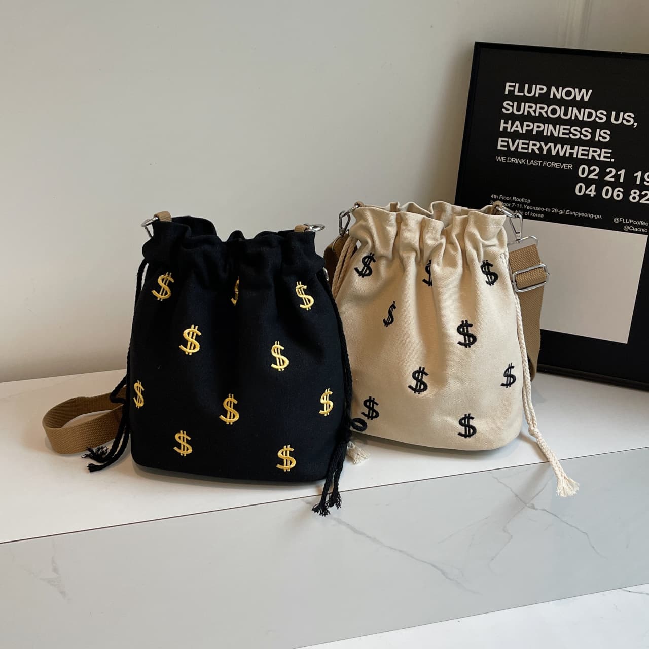 巾着 ドル刺繍柄巾着ショルダーバッグ