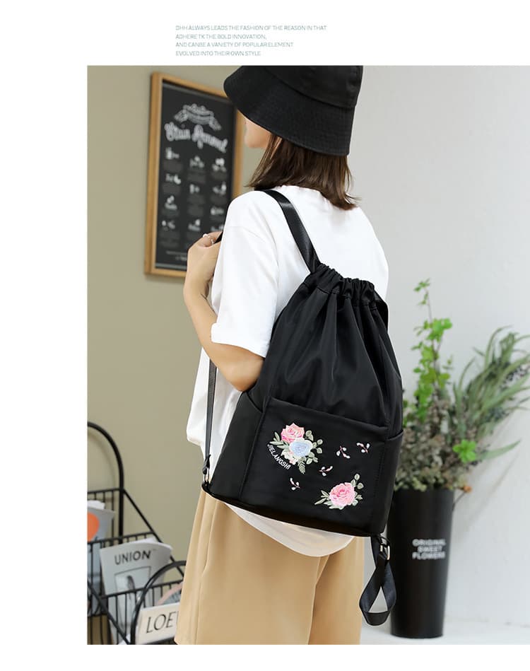 巾着 花柄刺繍入り巾着型リュックサック