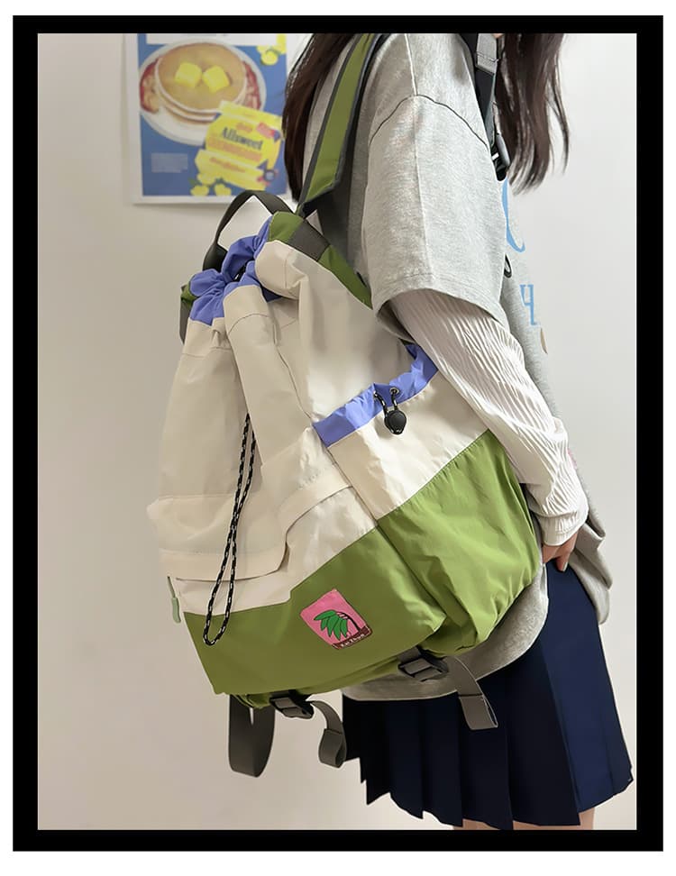 巾着 くまチャーム付き配色切替巾着リュック