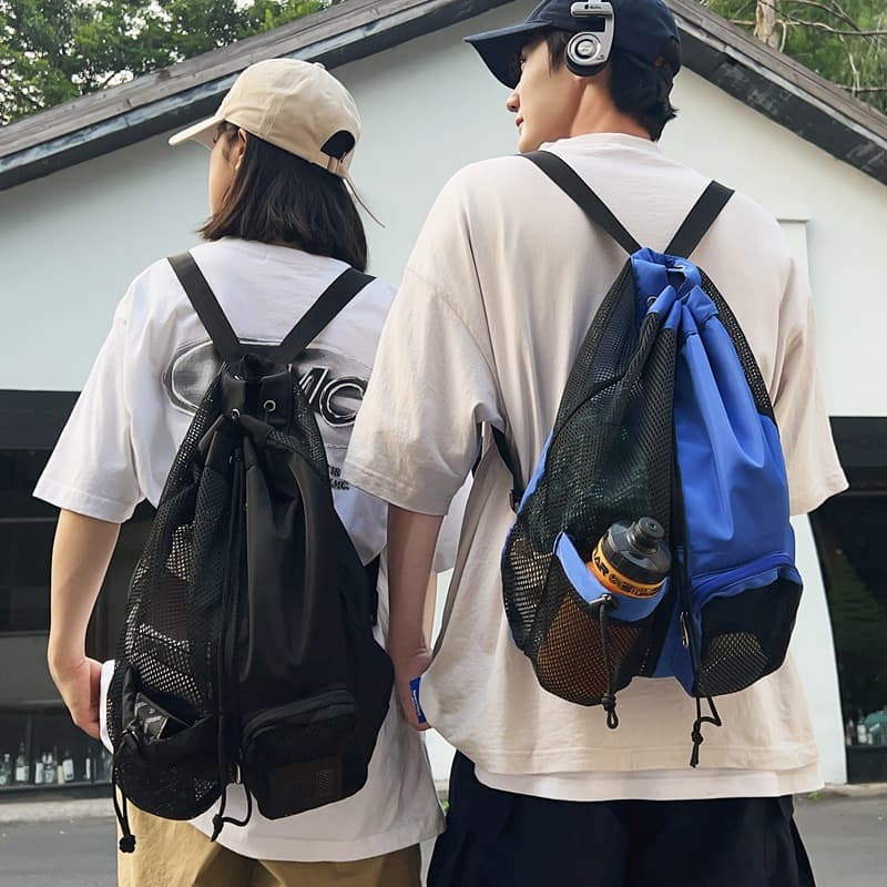 巾着 通気性抜群メッシュポケット付き巾着リュック