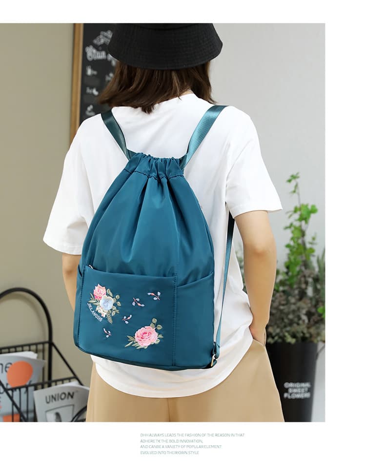 巾着 花柄刺繍入り巾着型リュックサック